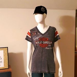 New! Harley-Davidson® Womens V-neck Genuine Oil Can Burnout Tee Grey Black